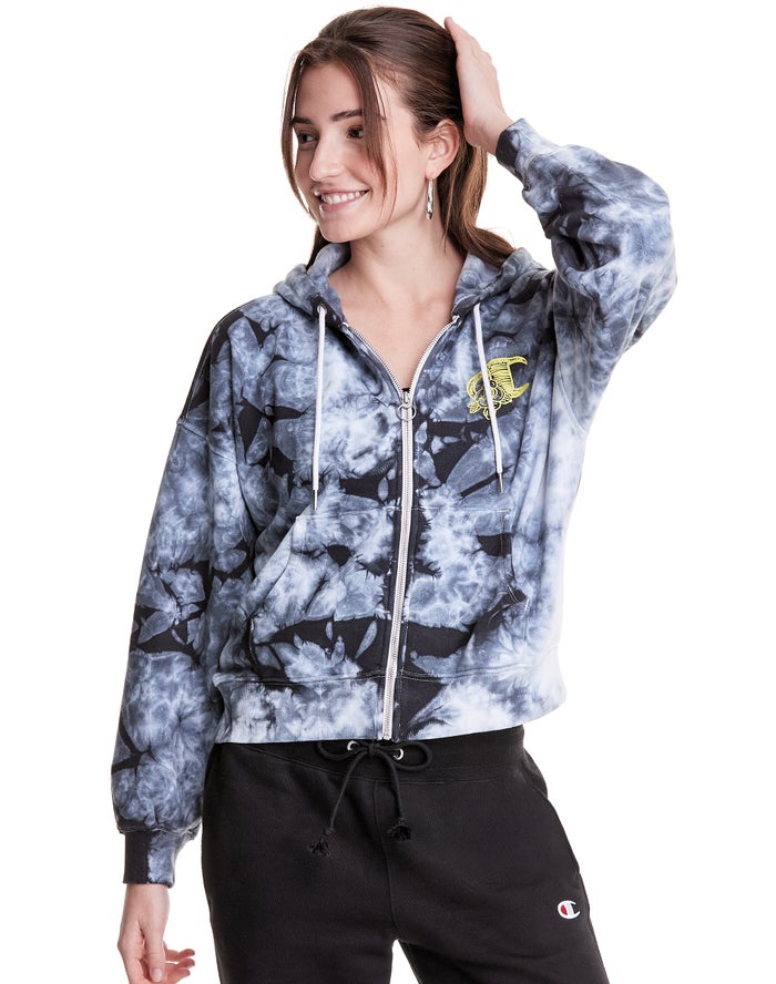 Champion Hoodie Dames - Wit/Zwart - Galaxy Dye Full Zip Boxy C Flower Logo ( 362948-RIZ )